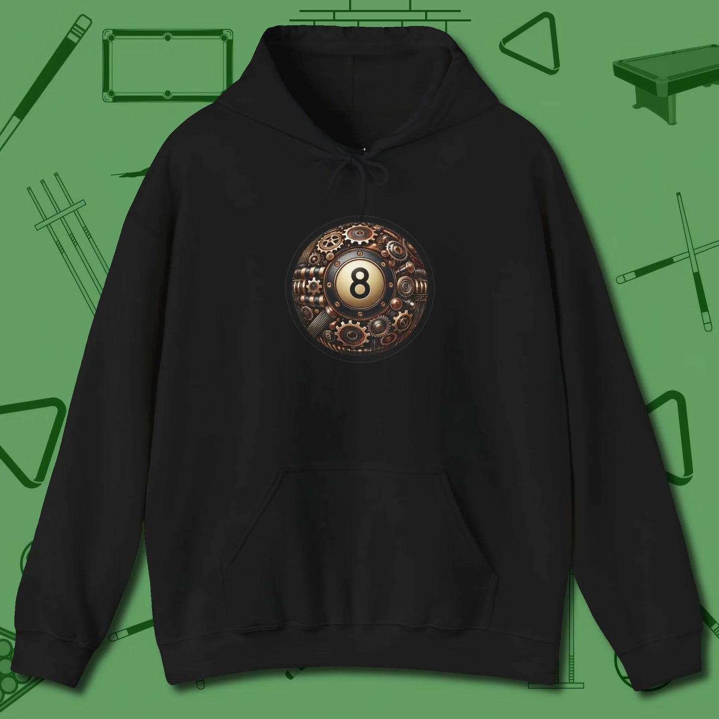 Clockwork Eight Ball Hoodie, front view, in Black helps your stroke and your style