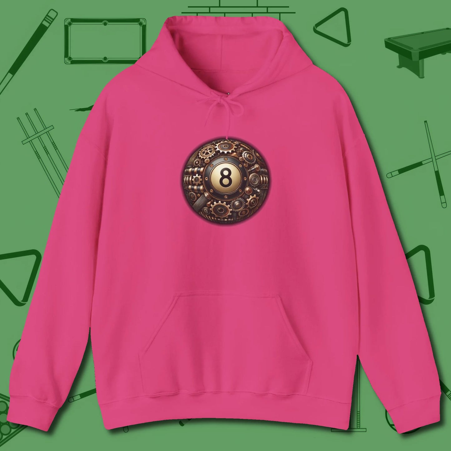Clockwork Eight Ball Hoodie, front view, in Heliconia tough like your favorite break cue