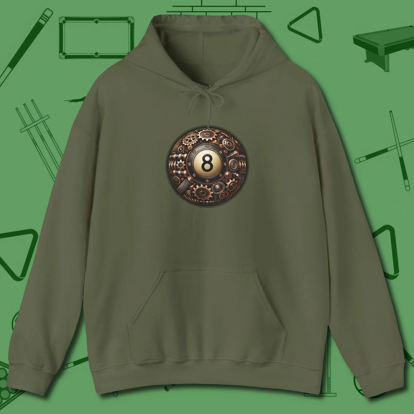 Clockwork Eight Ball Hoodie, front view, in Military Green like your stroke — smooth and deliberate