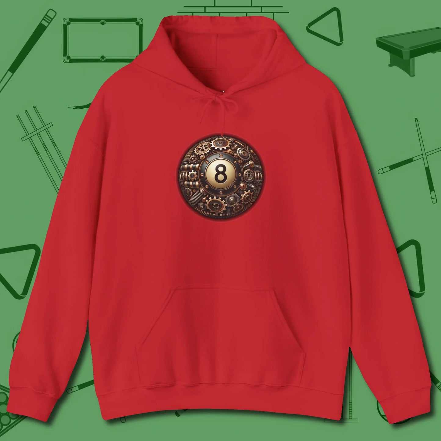 Clockwork Eight Ball Hoodie, front view, in Red for shooters who dress like they play: sharp