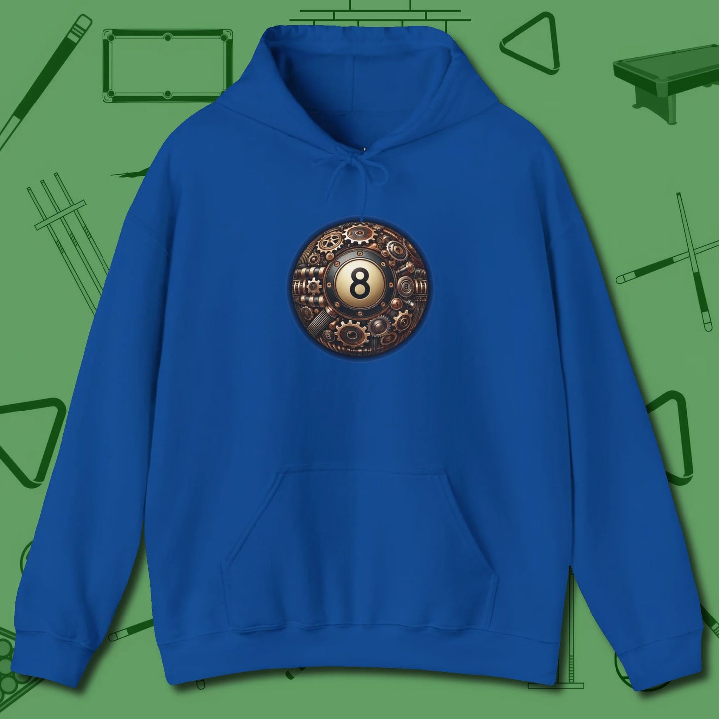 Clockwork Eight Ball Hoodie, front view, in Royal table-tested, street-approved style