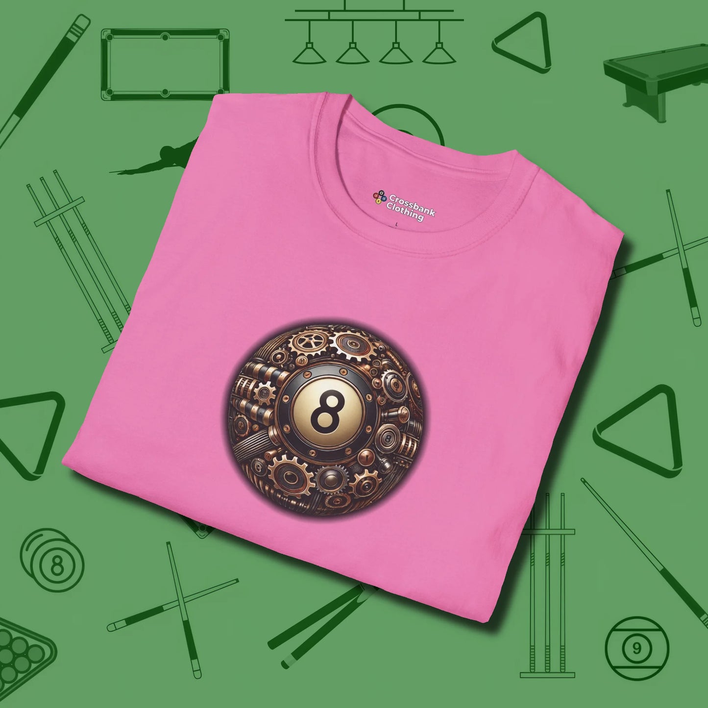 Clockwork Eight Ball T-Shirt, folded view, in Azalea precise, confident, always in control