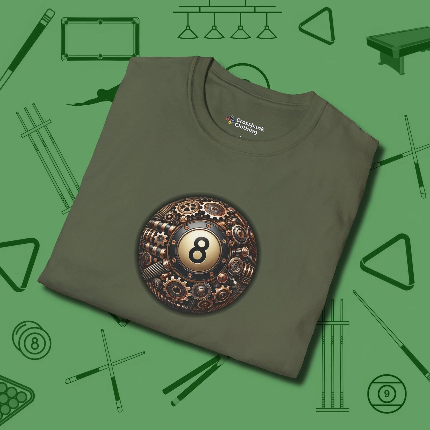 Clockwork Eight Ball T-Shirt, folded view, in Military Green a clean fit for the dirtiest safeties