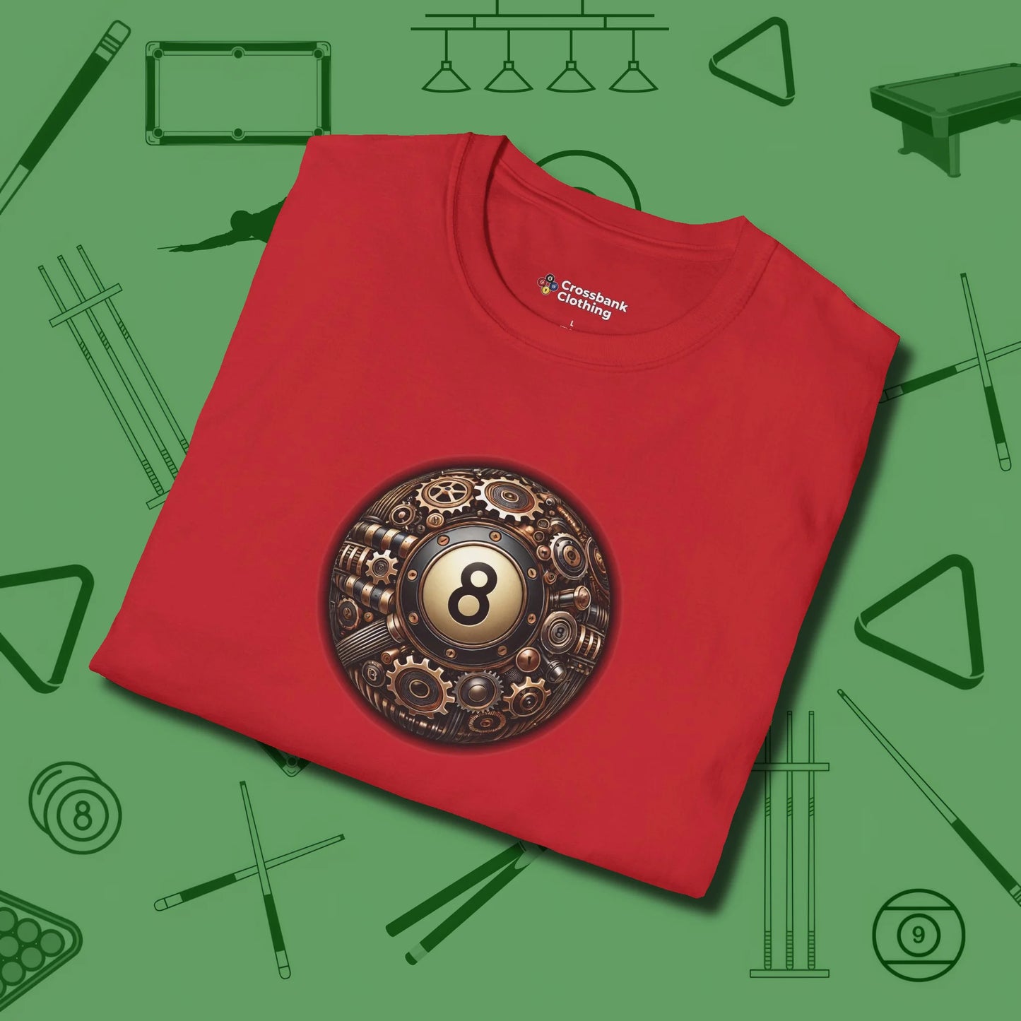Clockwork Eight Ball T-Shirt, folded view, in Red ideal for clean hits and clean fits
