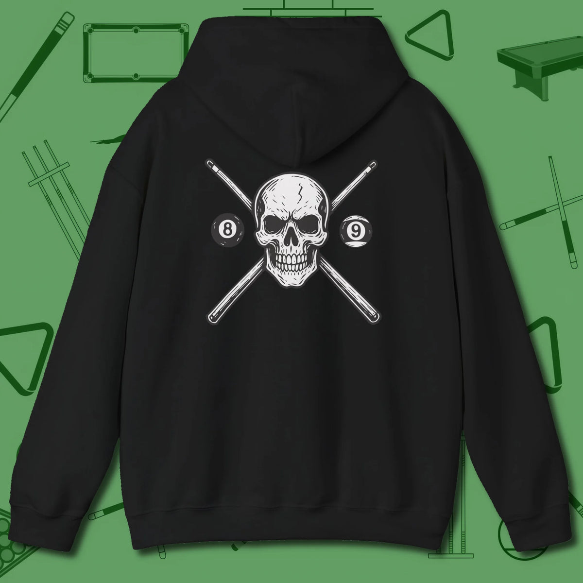 Cue & Bones Hoodie, back view, in Black dark, focused, and unforgiving