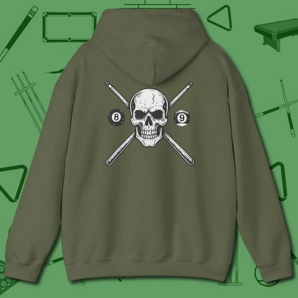 Cue & Bones Hoodie, back view, in Military Green earned through long sessions and tougher wins