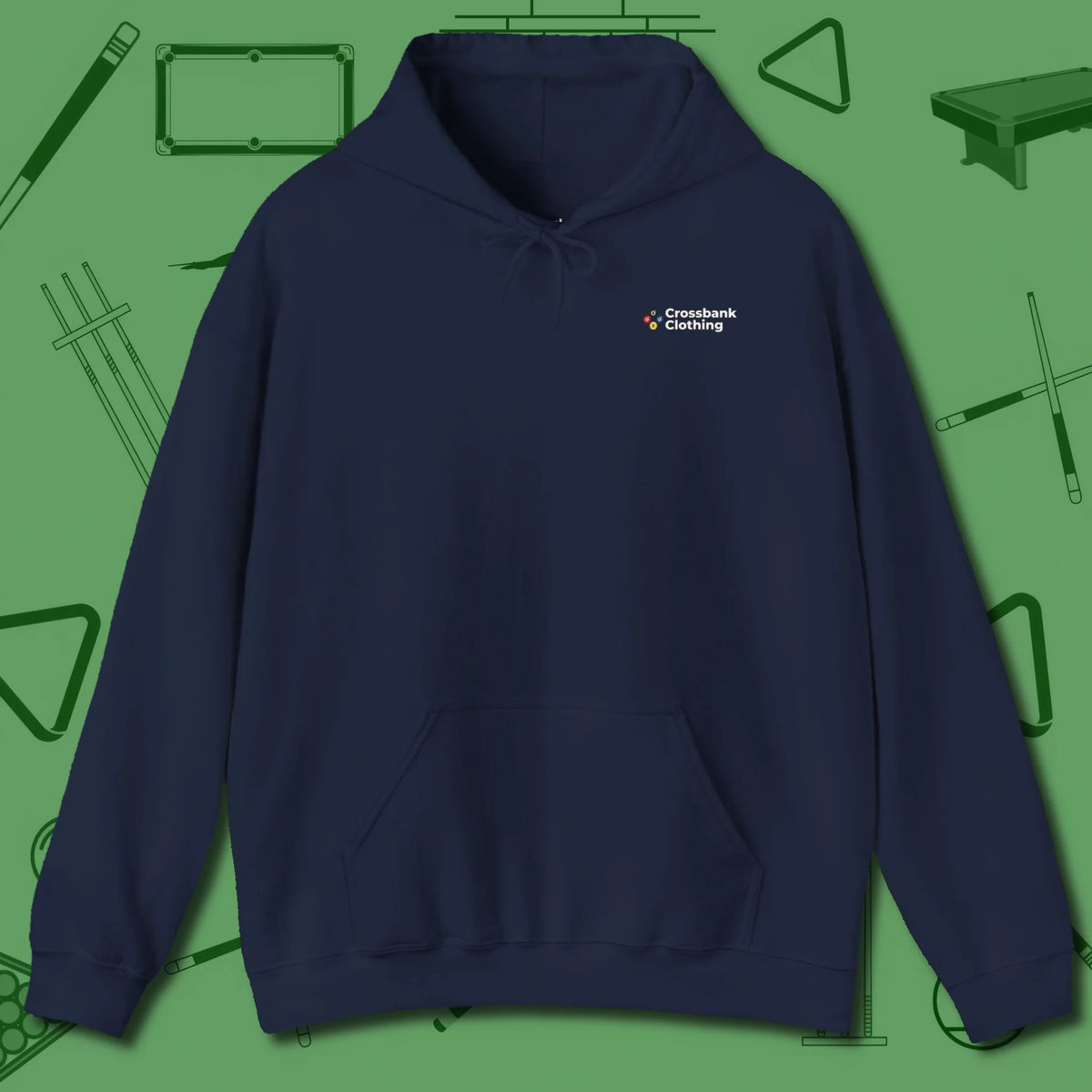 Cue & Bones Hoodie, front view, in Navy steady hands, steady game