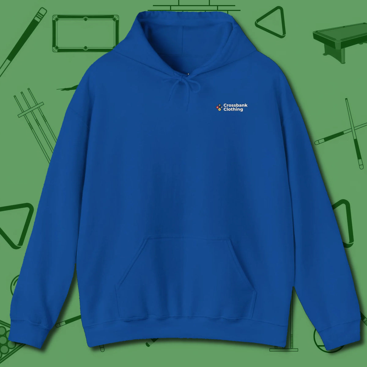 Cue & Bones Hoodie, front view, in Royal for players who trust their cue control