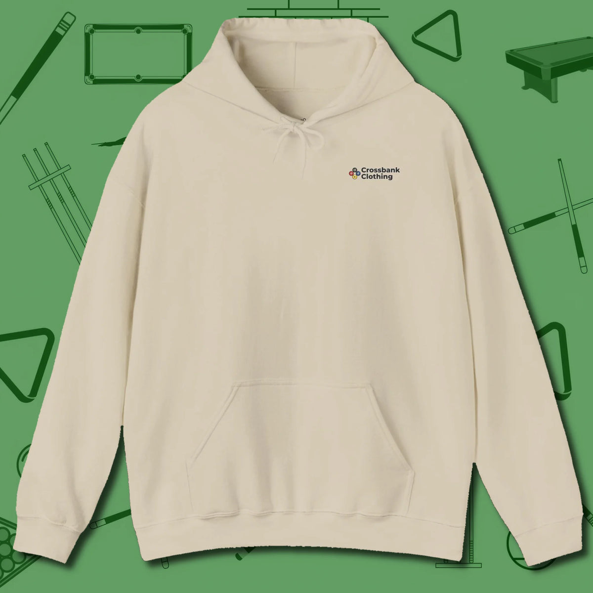 Cue & Bones Hoodie, front view, in Sand the uniform of late-night table time