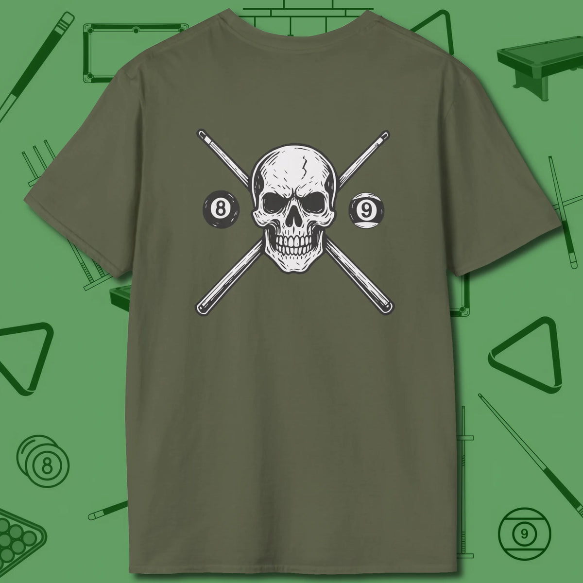 Cue & Bones T-Shirt, back view, in White clean lines for dirty run-outs