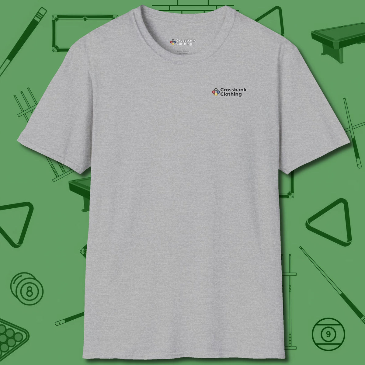 Cue & Bones T-Shirt, front view, in Black what pool players wear when it matters