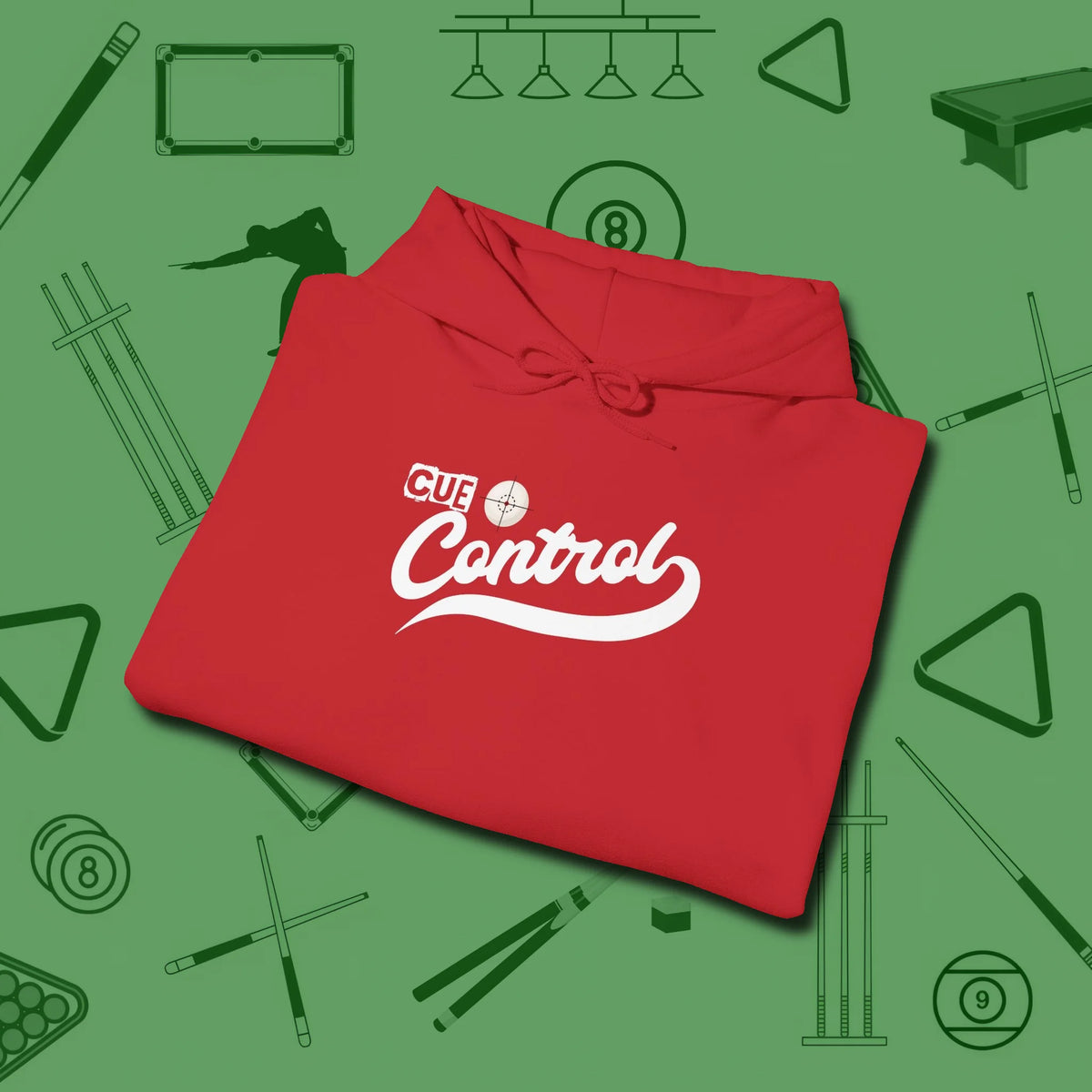 Cue Control Hoodie, folded view, in Red subtle drip for serious shooters