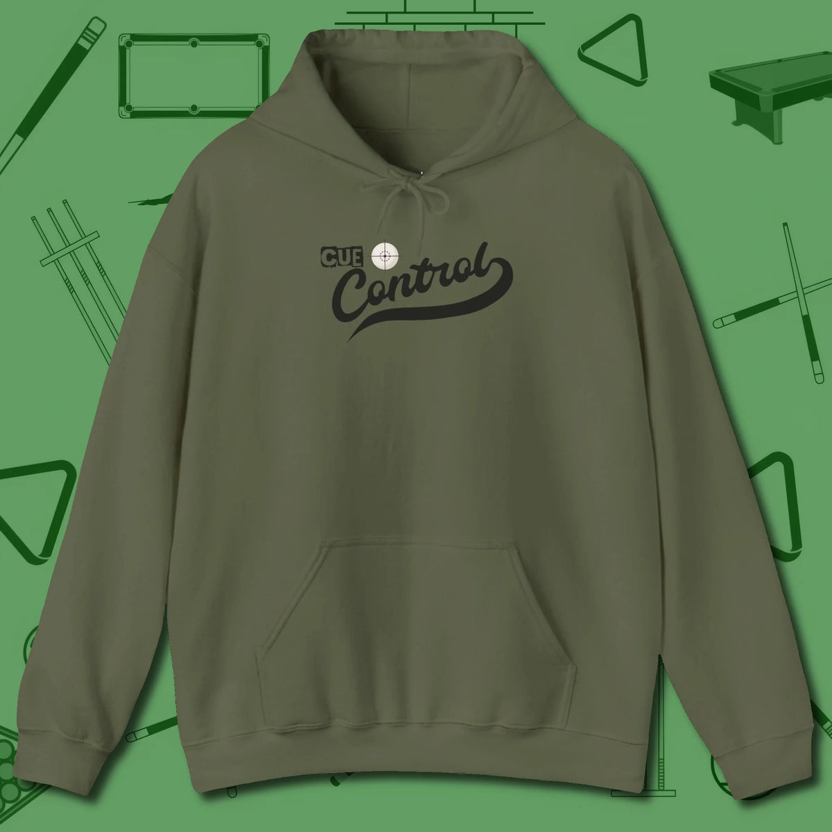 Cue Control Hoodie, front view, in Military Green built for bold breaks and quiet confidence