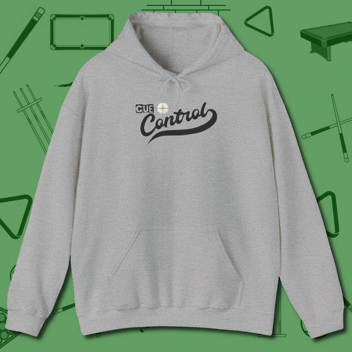 Cue Control Hoodie, front view, in Sport Grey poolroom style with tournament attitude