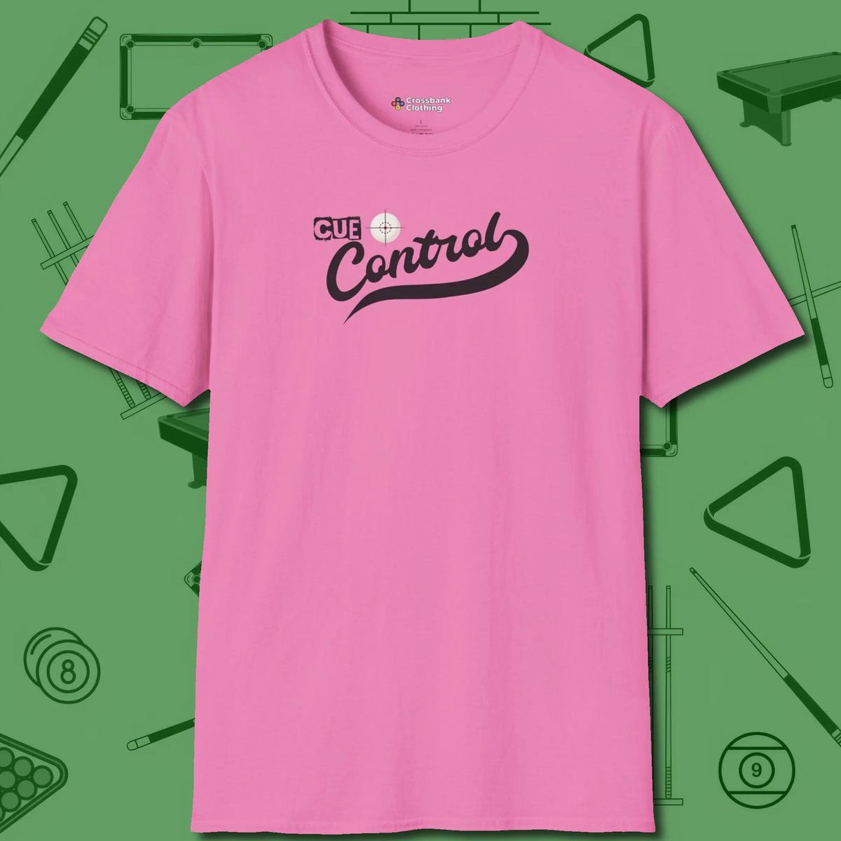 Cue Control T-Shirt, front view, in Azalea because you don’t just play — you represent