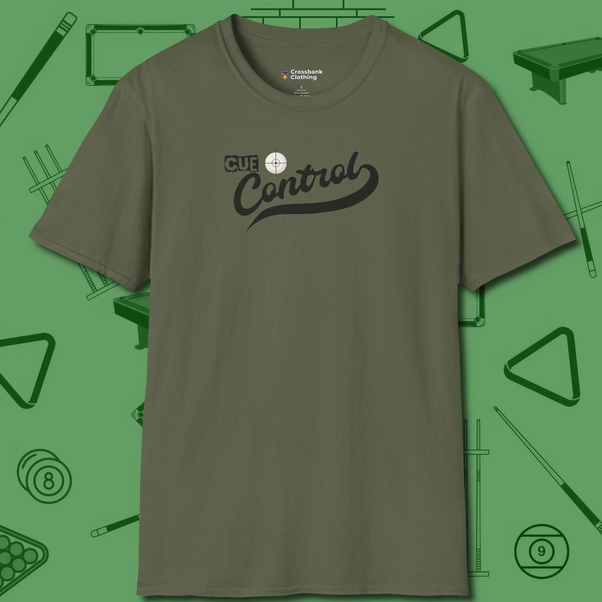 Cue Control T-Shirt, front view, in Military Green clean lines for dirty minds