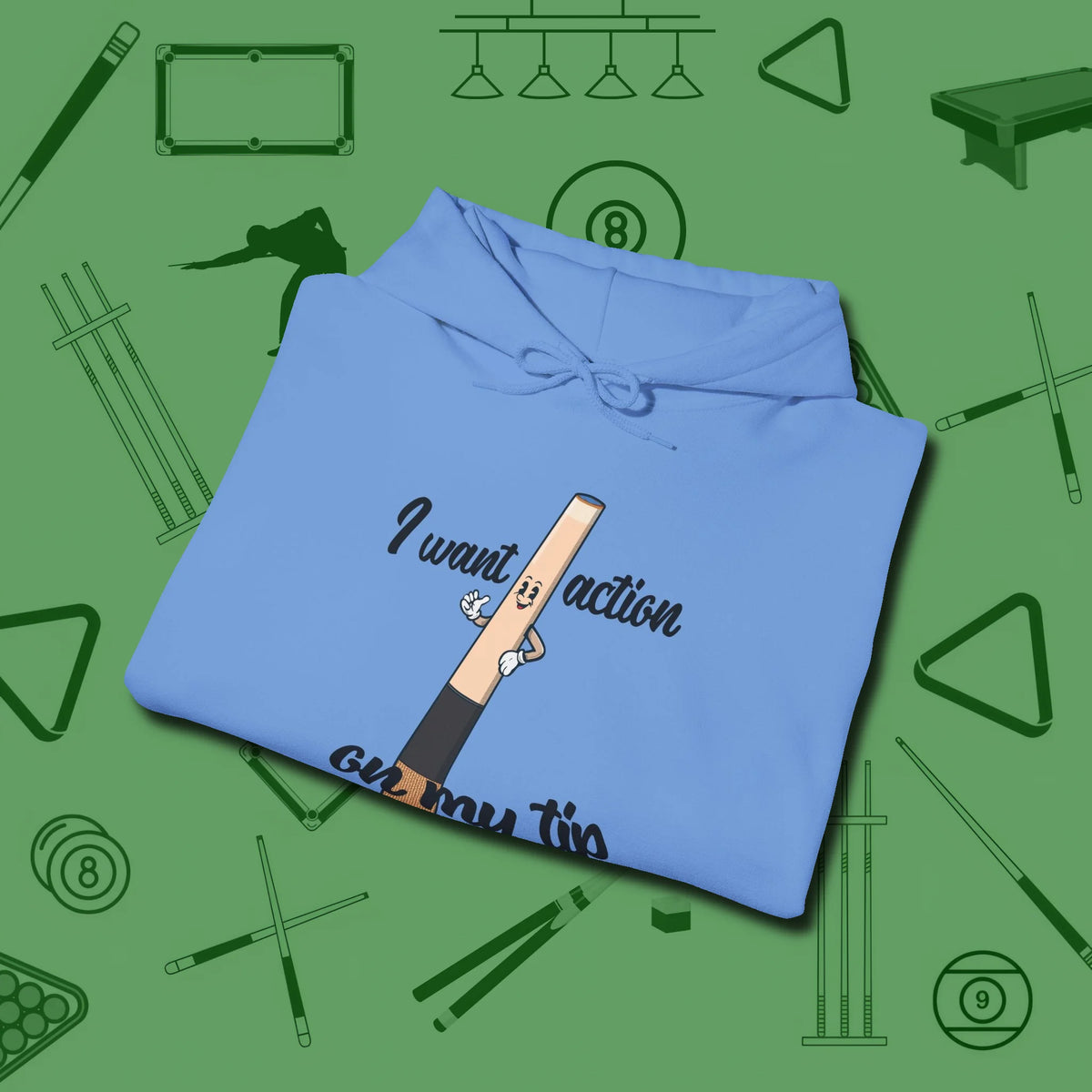 Cue Tip Action Hoodie, folded view, in Carolina Blue attitude built for the long haul