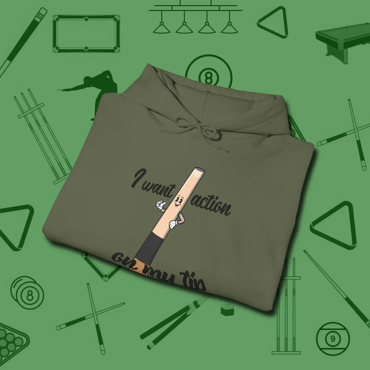 Cue Tip Action Hoodie, folded view, in Military Green make every shot — and outfit — count