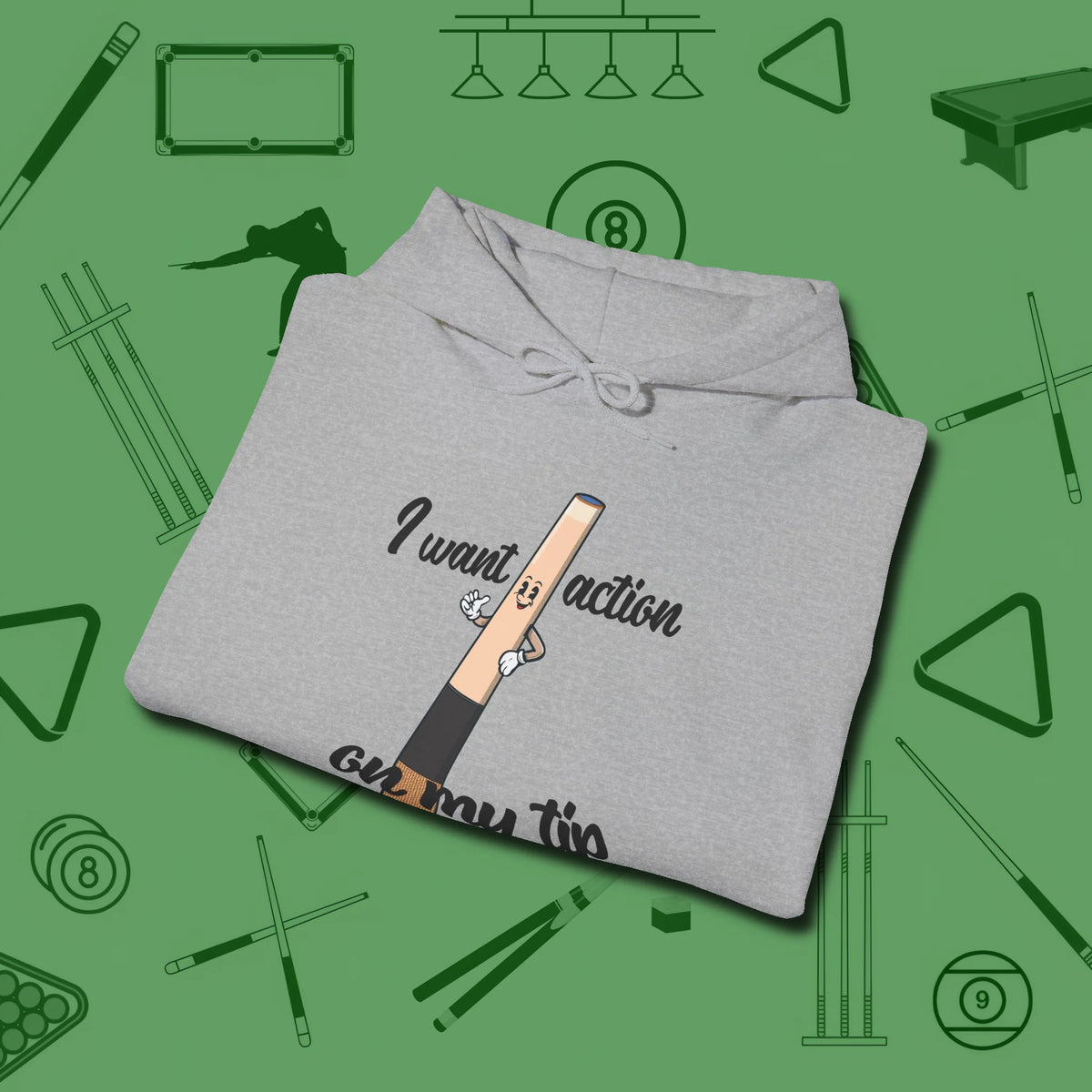 Cue Tip Action Hoodie, folded view, in Sport Grey subtle drip for serious shooters