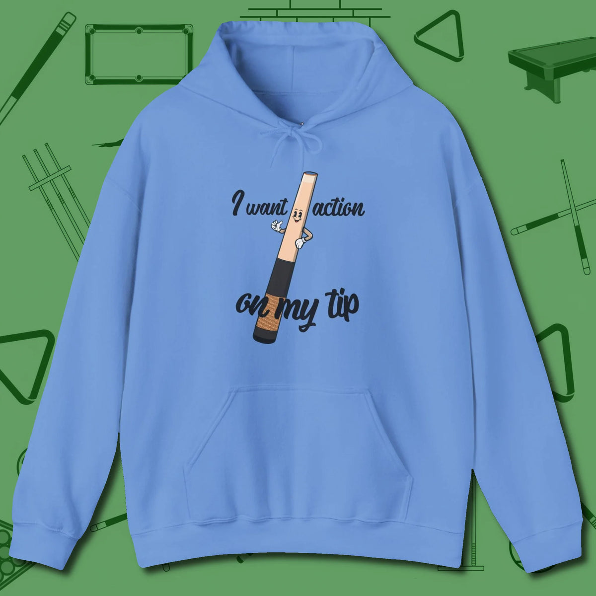 Cue Tip Action Hoodie, front view, in Carolina Blue an extension of your pool persona
