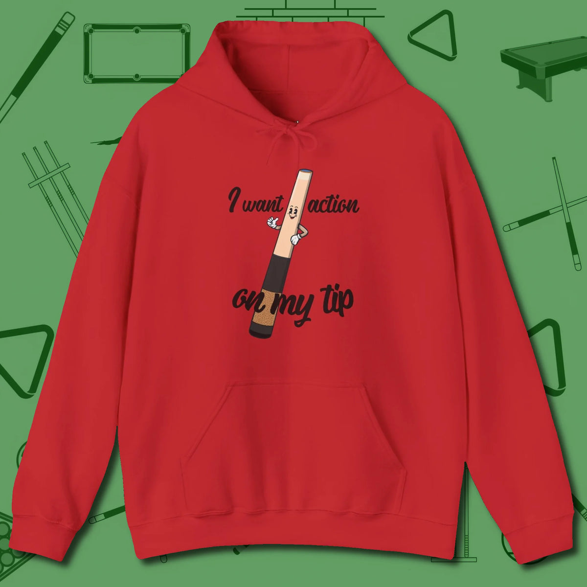 Cue Tip Action Hoodie, front view, in Red ideal for clean hits and clean fits