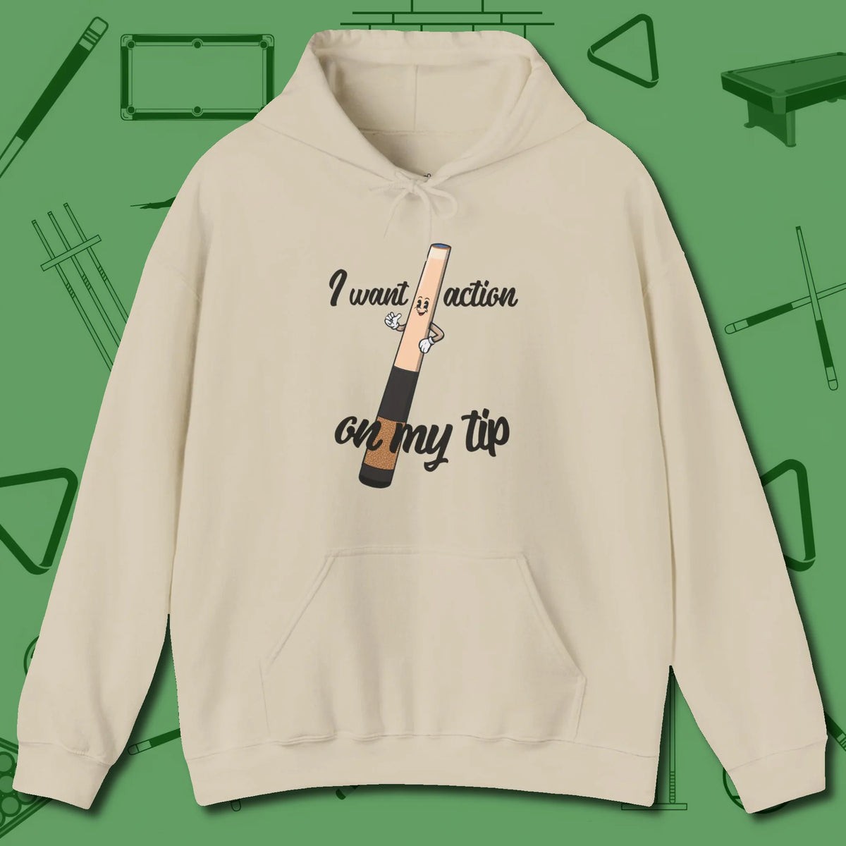 Cue Tip Action Hoodie, front view, in Sand built for bold breaks and quiet confidence