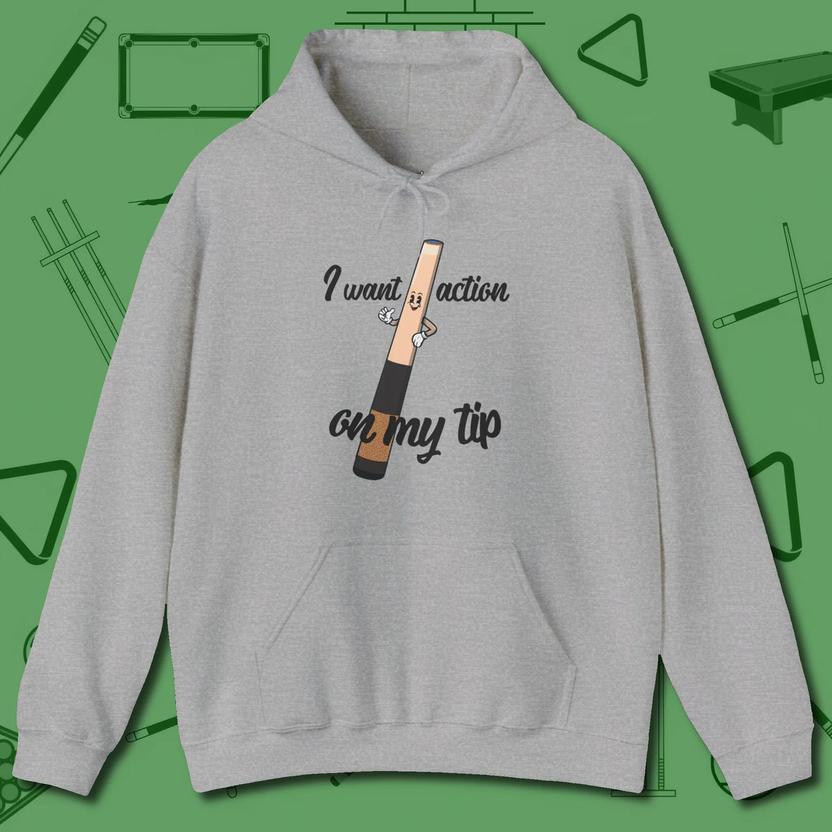 Cue Tip Action Hoodie, front view, in Sport Grey make every shot — and outfit — count