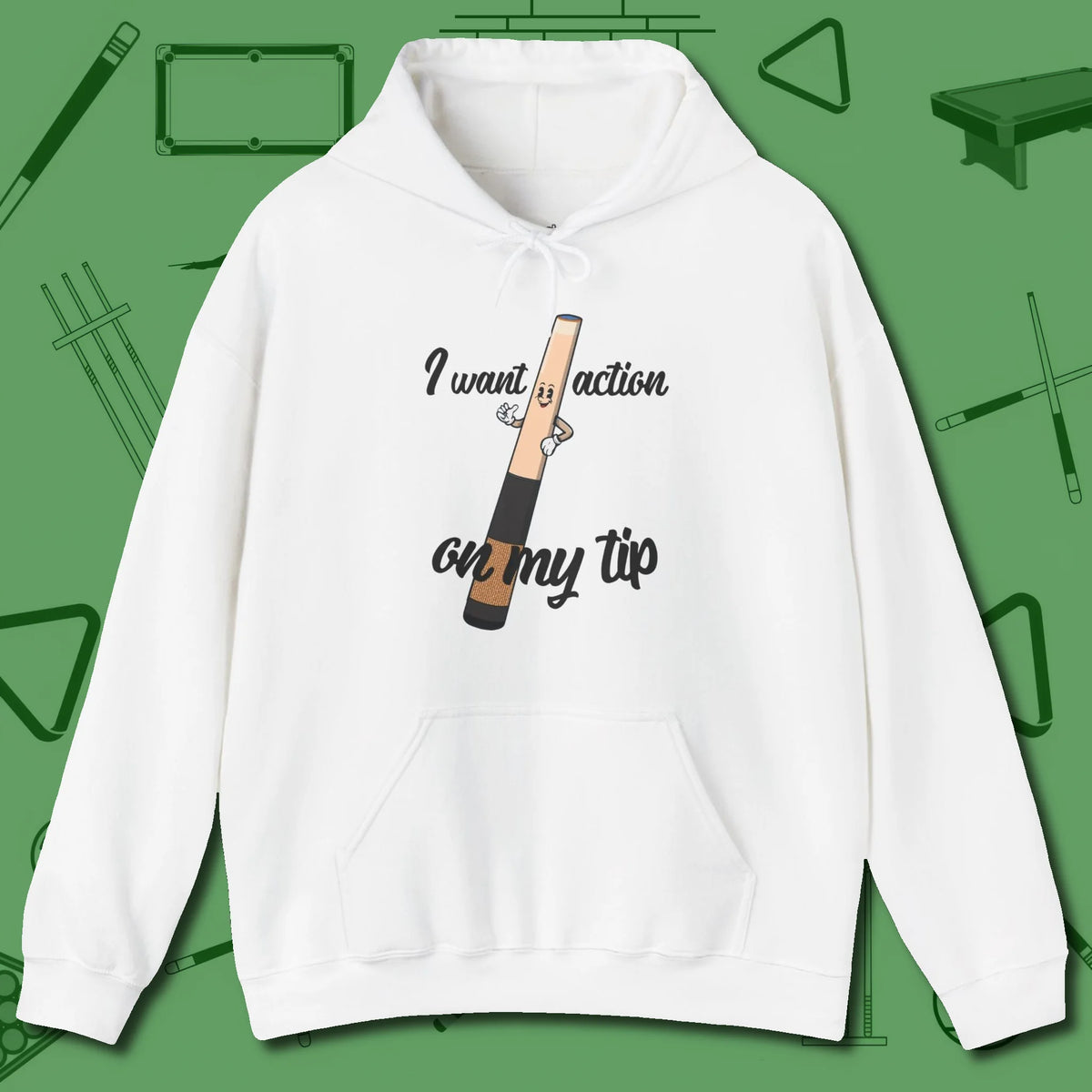 Cue Tip Action Hoodie, front view, in White smart apparel for strategic players