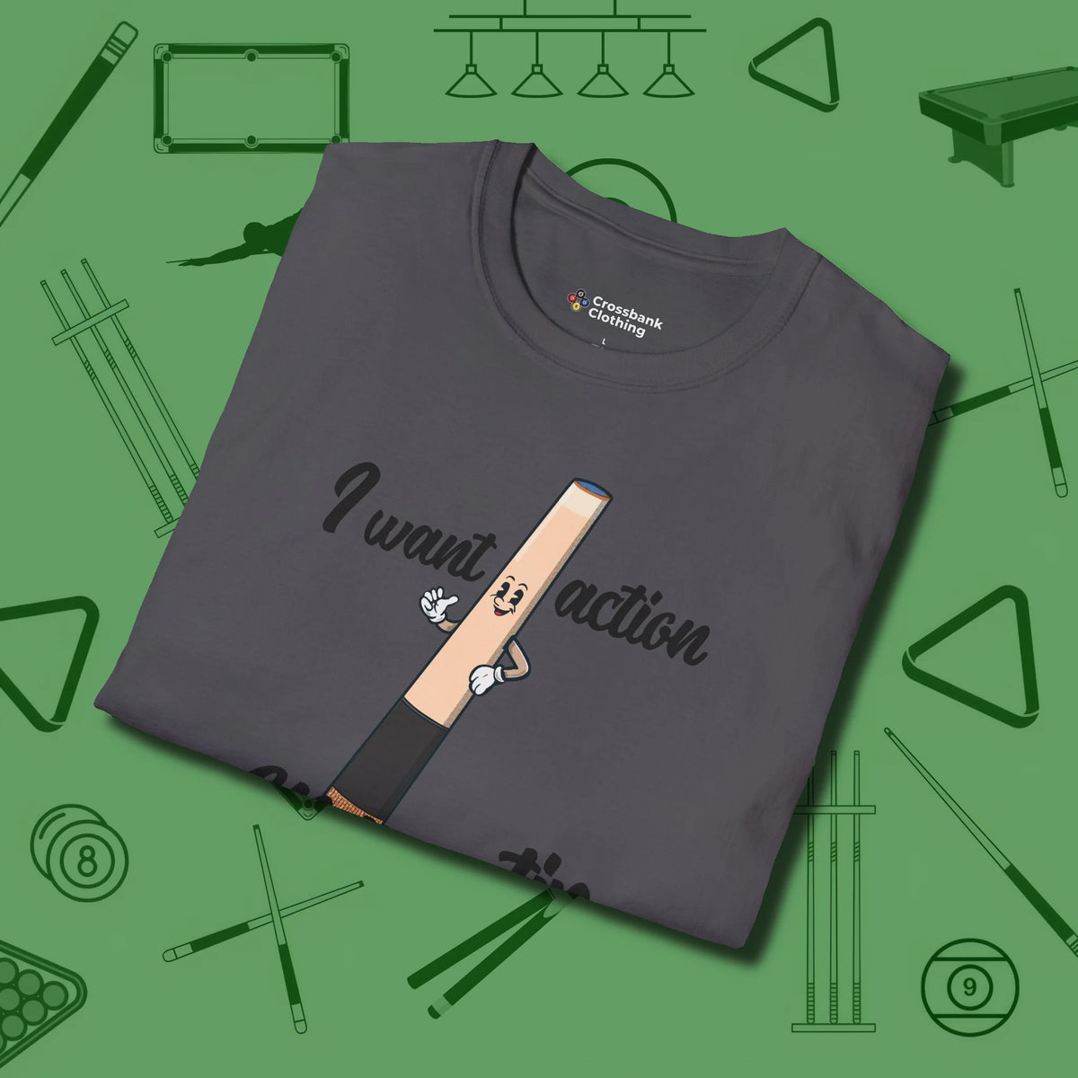 Cue Tip Action T-Shirt, folded view, in Charcoal perfect for players with quiet fire