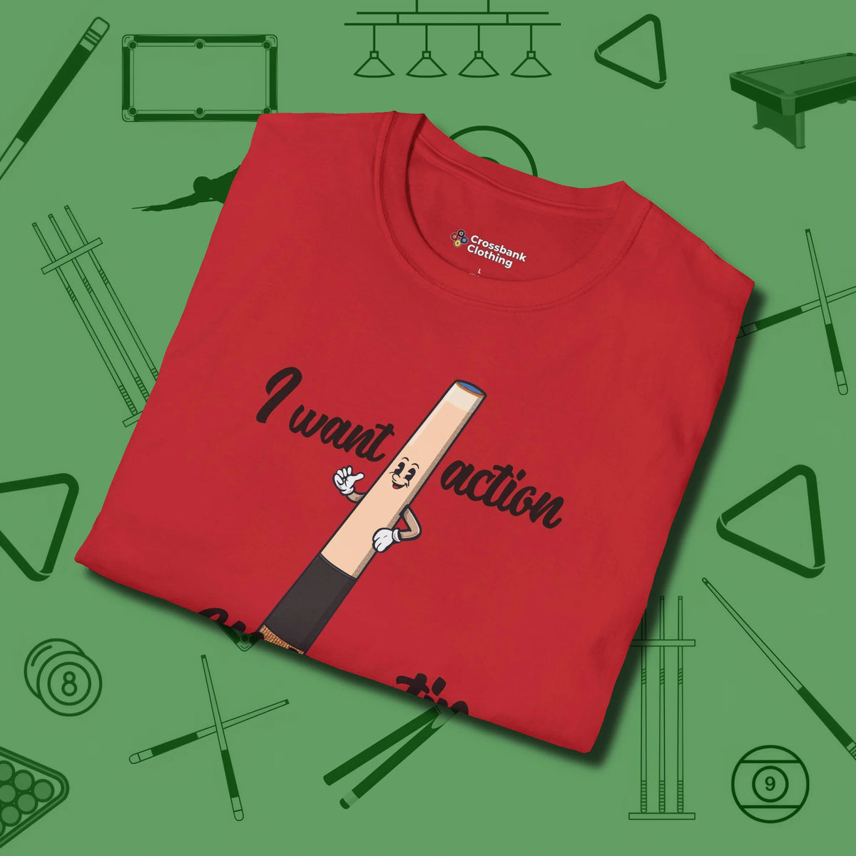 Cue Tip Action T-Shirt, folded view, in Red it’s not a hobby — it’s a lifestyle
