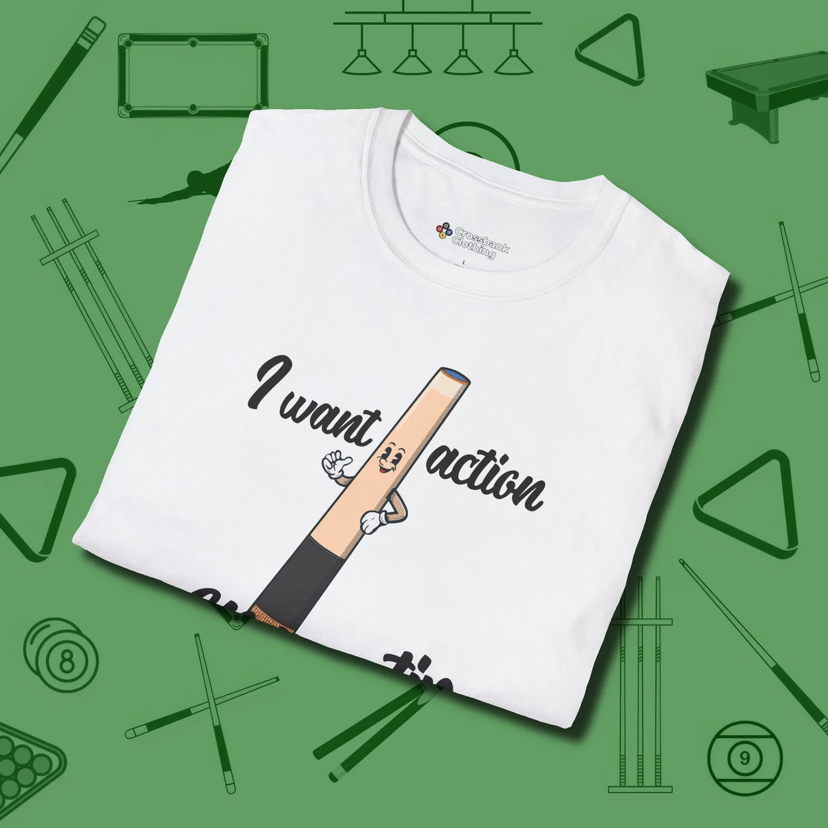 Cue Tip Action T-Shirt, folded view, in White the official uniform of the after-hours crew