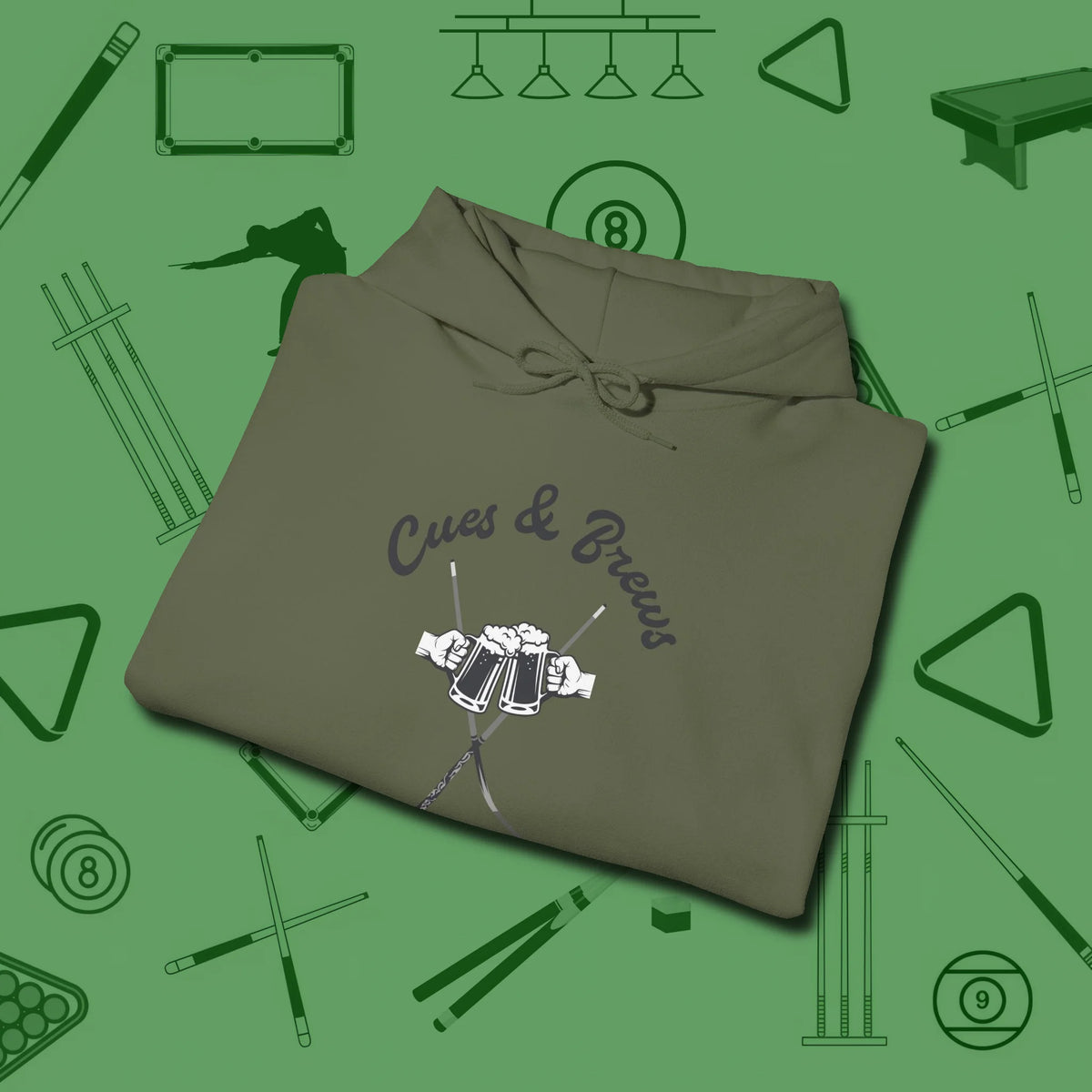 Cues & Brews Hoodie, folded view, in Military Green style that banks as hard as you do