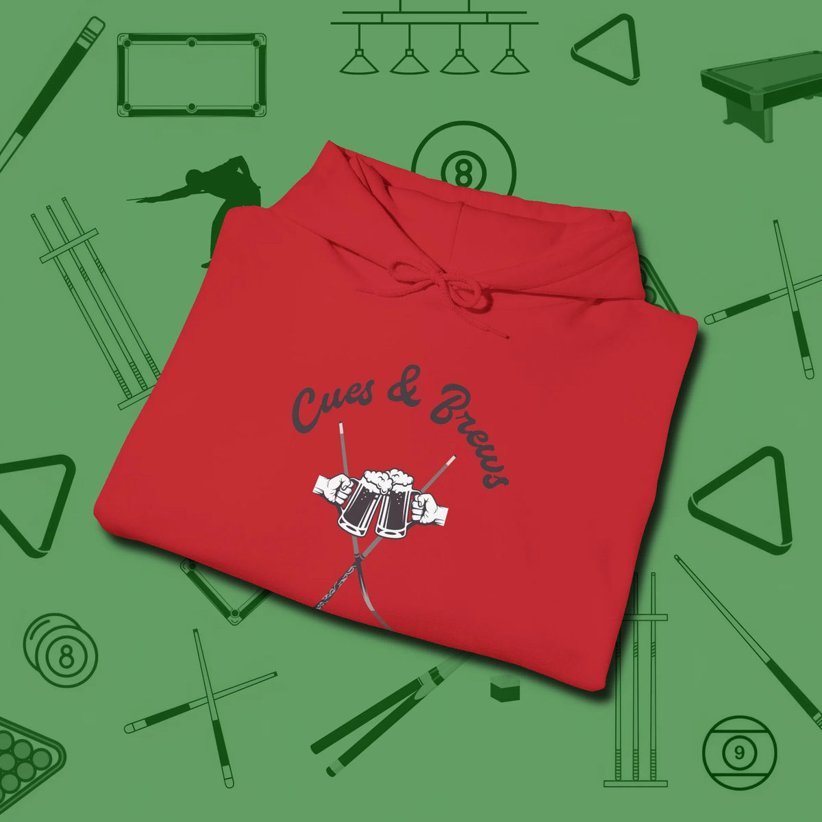Cues & Brews Hoodie, folded view, in Red for shooters who dress like they play: sharp