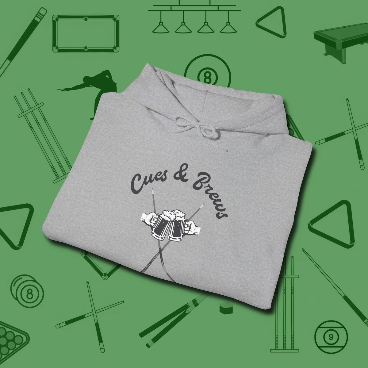 Cues & Brews Hoodie, folded view, in Sport Grey make every shot — and outfit — count