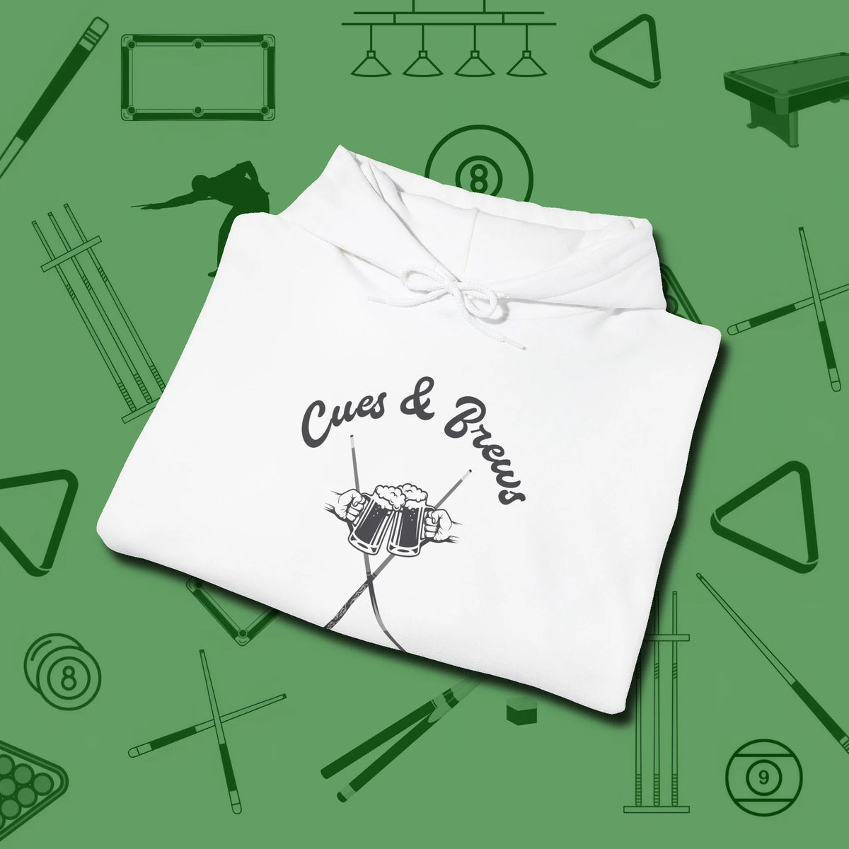 Cues & Brews Hoodie, folded view, in White as serious as your stroke