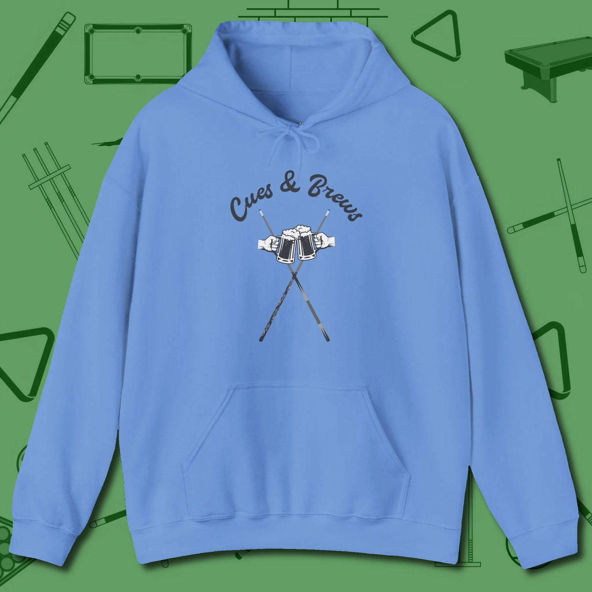 Cues & Brews Hoodie, front view, in Carolina Blue your go-to shirt for league night victories