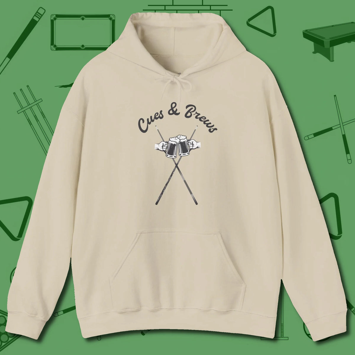 Cues & Brews Hoodie, front view, in Sand what the real shooters wear