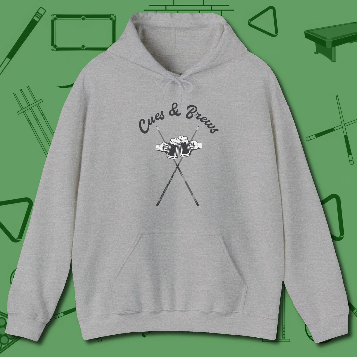 Cues & Brews Hoodie, front view, in Sport Grey clean lines for dirty minds