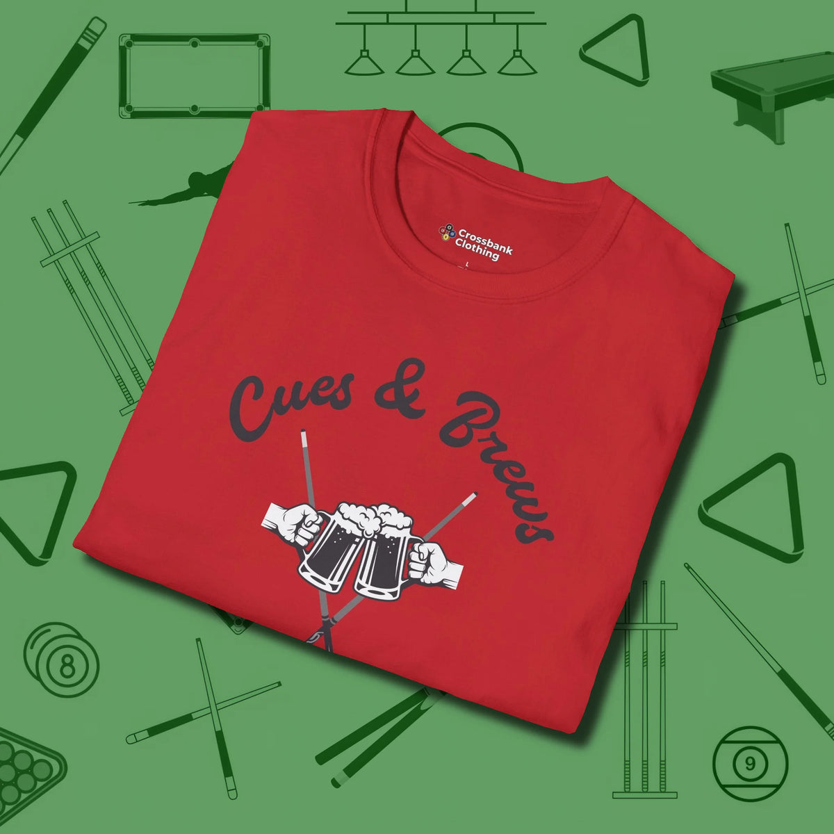 Cues & Brews T-Shirt, folded view, in Red perfect for players with quiet fire