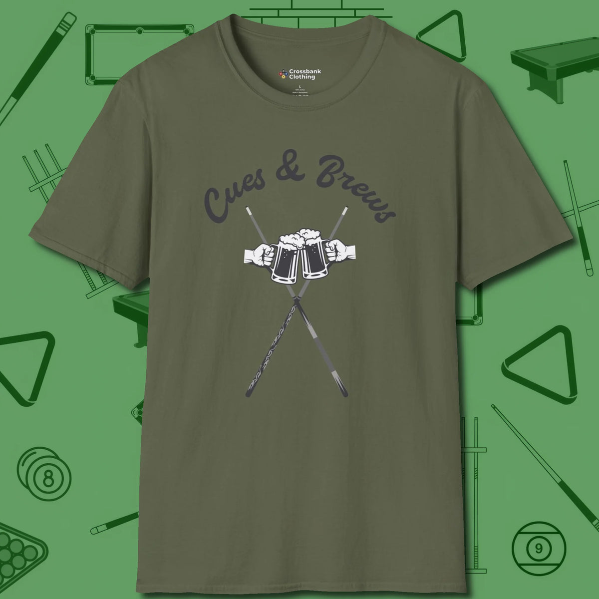 Cues & Brews T-Shirt, front view, in Military Green confidence stitched in every seam