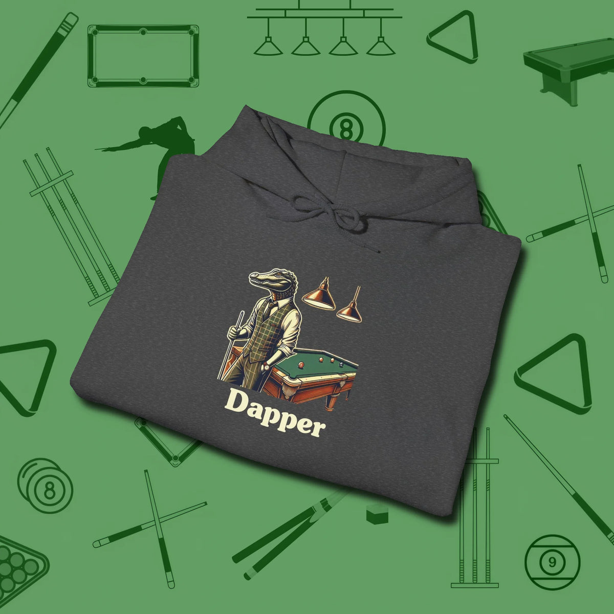Dapper Alligator Hoodie, folded view, in Dark Heather dress for the shot you want to take