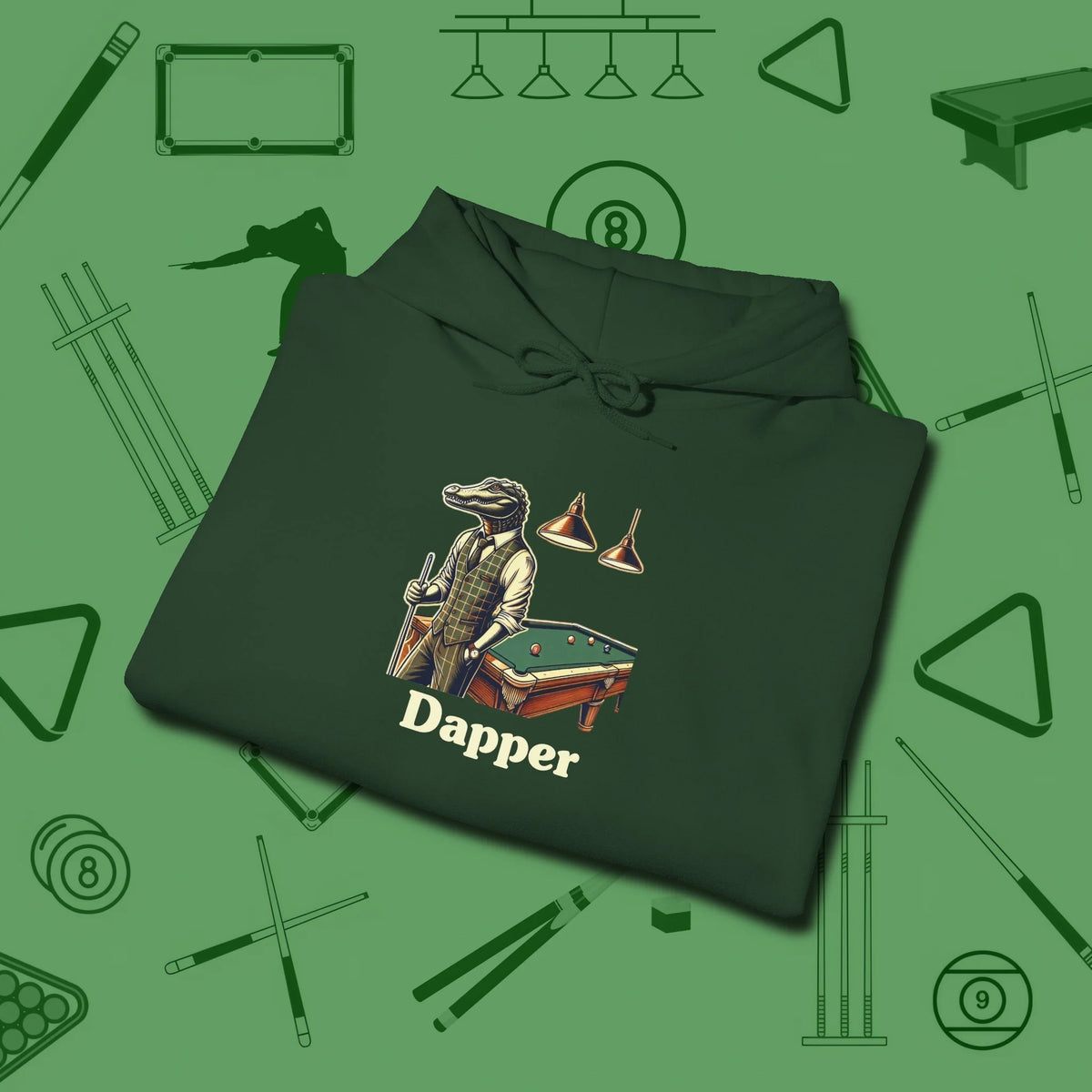 Dapper Alligator Hoodie, folded view, in Forest Green the shirt that plays position