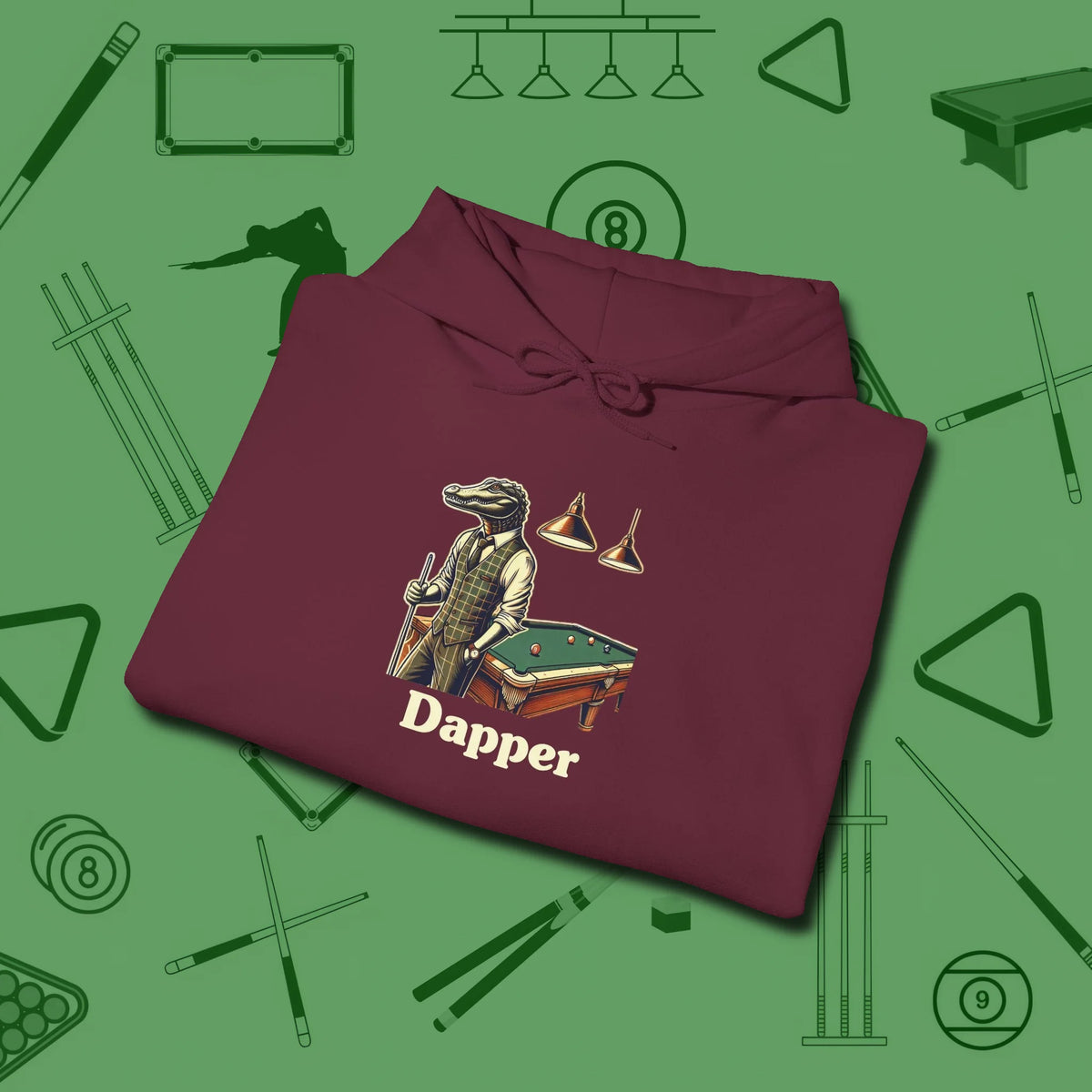 Dapper Alligator Hoodie, folded view, in Maroon designed for dead stroke and deadpan looks