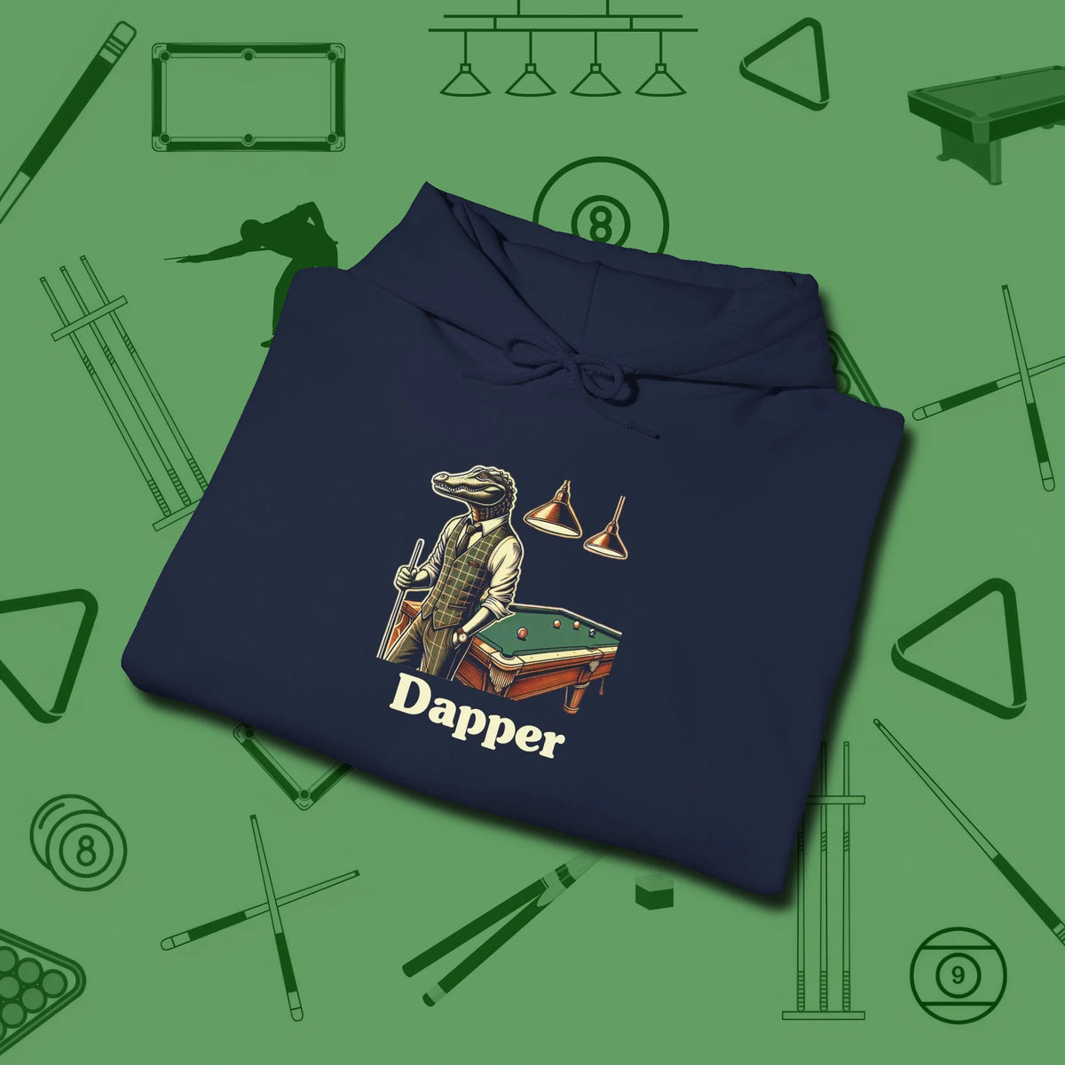 Dapper Alligator Hoodie, folded view, in Navy what champions wear between racks