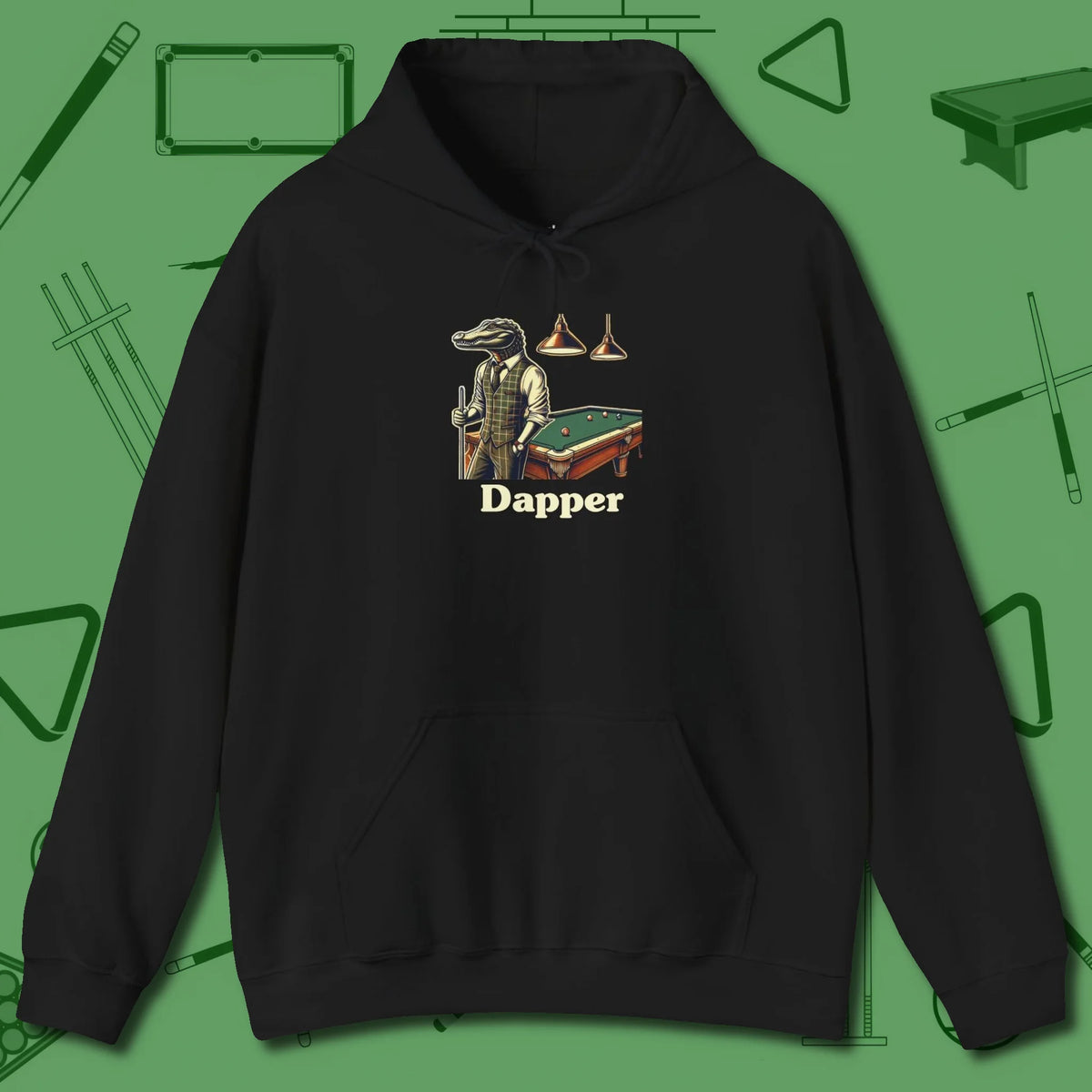 Dapper Alligator Hoodie, front view, in Black helps your stroke and your style