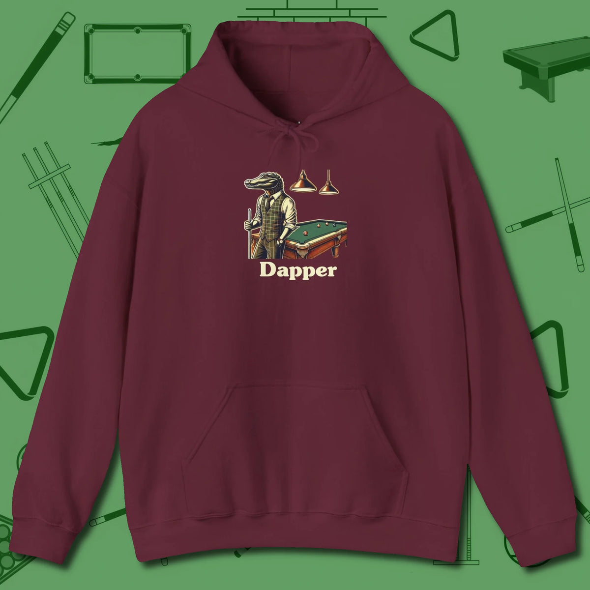 Dapper Alligator Hoodie, front view, in Maroon confidence stitched in every seam