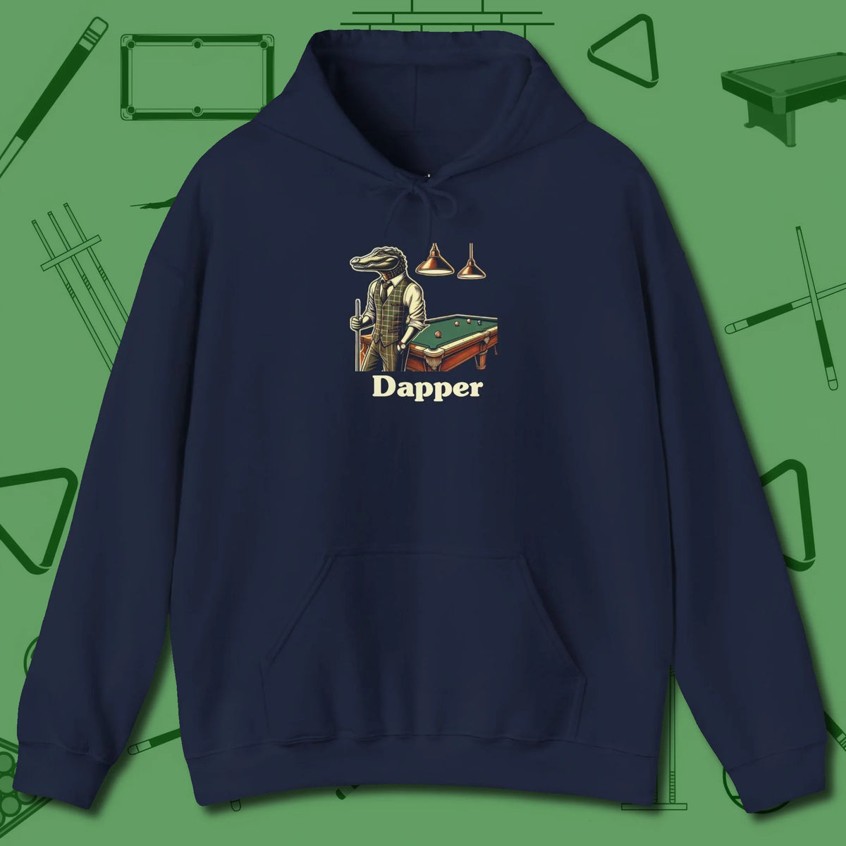Dapper Alligator Hoodie, front view, in Navy ideal for clean hits and clean fits