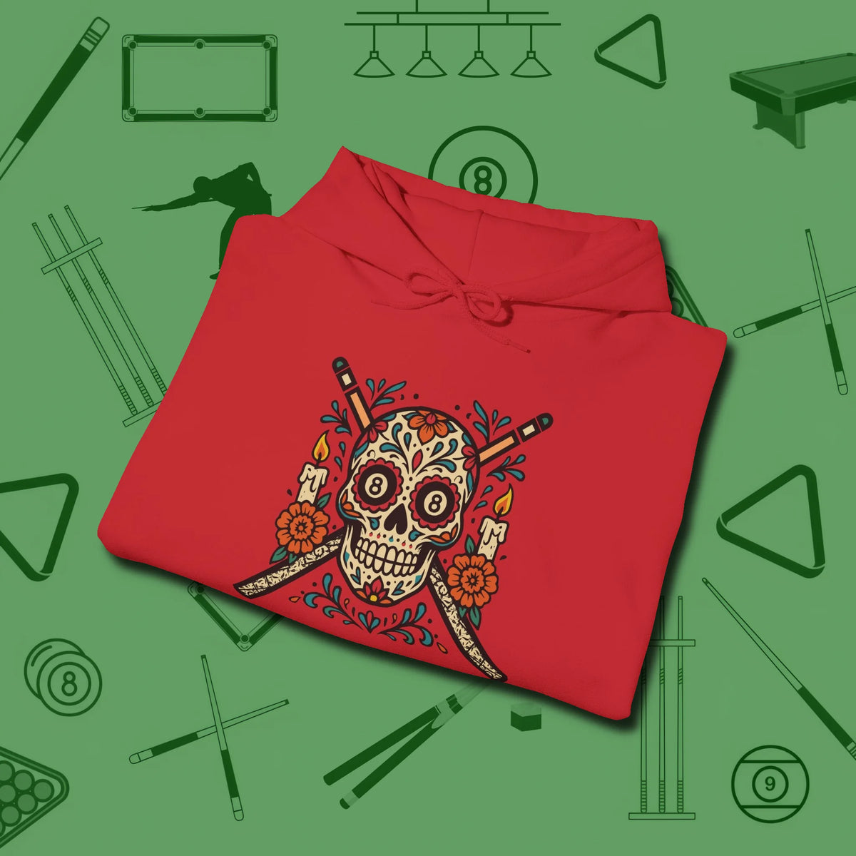 Day of the Dead Sugar Skull Hoodie, folded view, in Red stitched for cue discipline and cool confidence