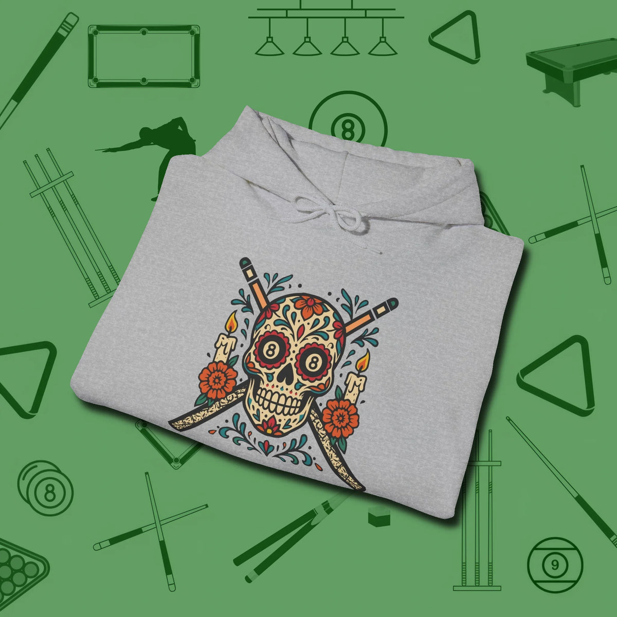 Day of the Dead Sugar Skull Hoodie, folded view, in Sport Grey because the table is your battlefield