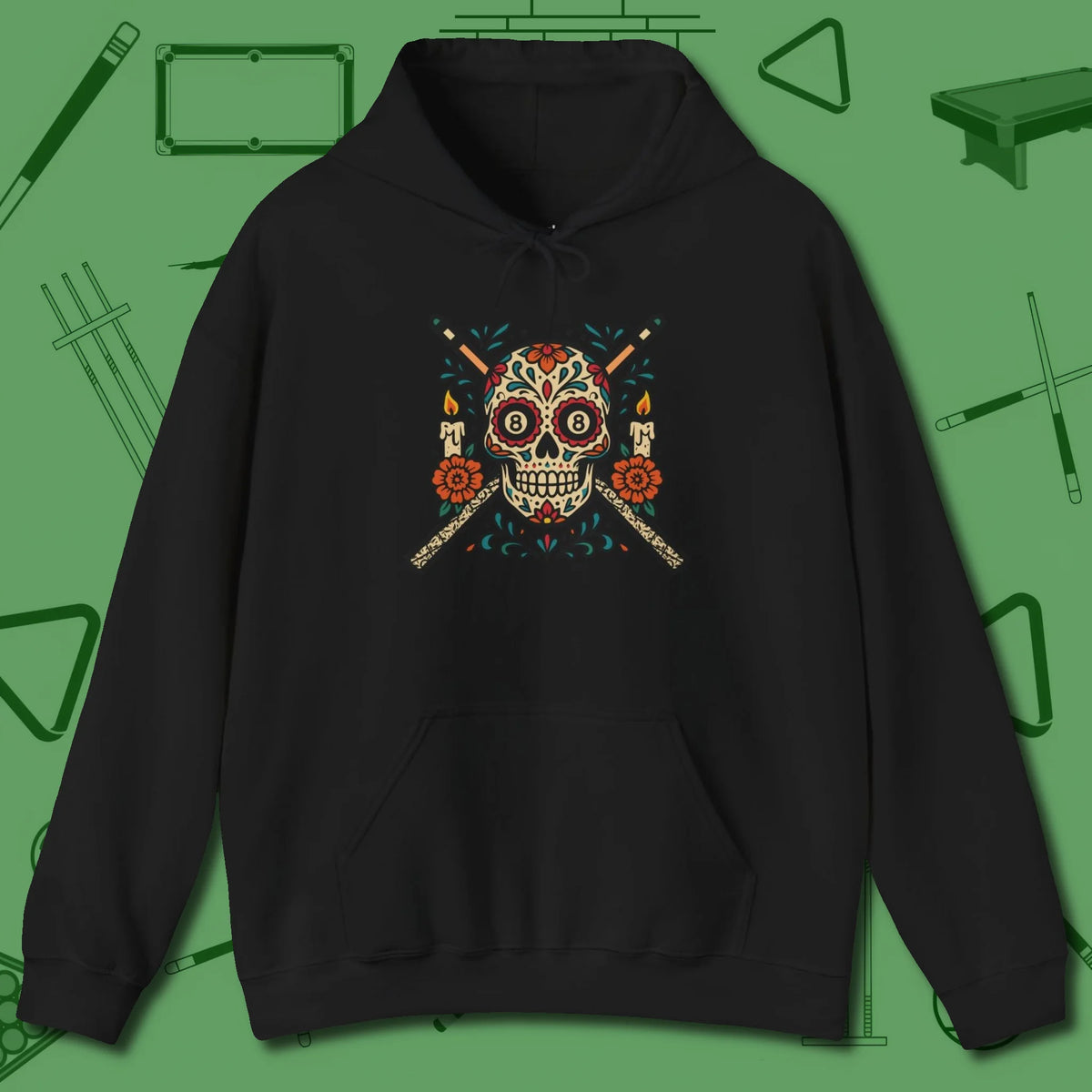 Day of the Dead Sugar Skull Hoodie, front view, in Black smart apparel for strategic players
